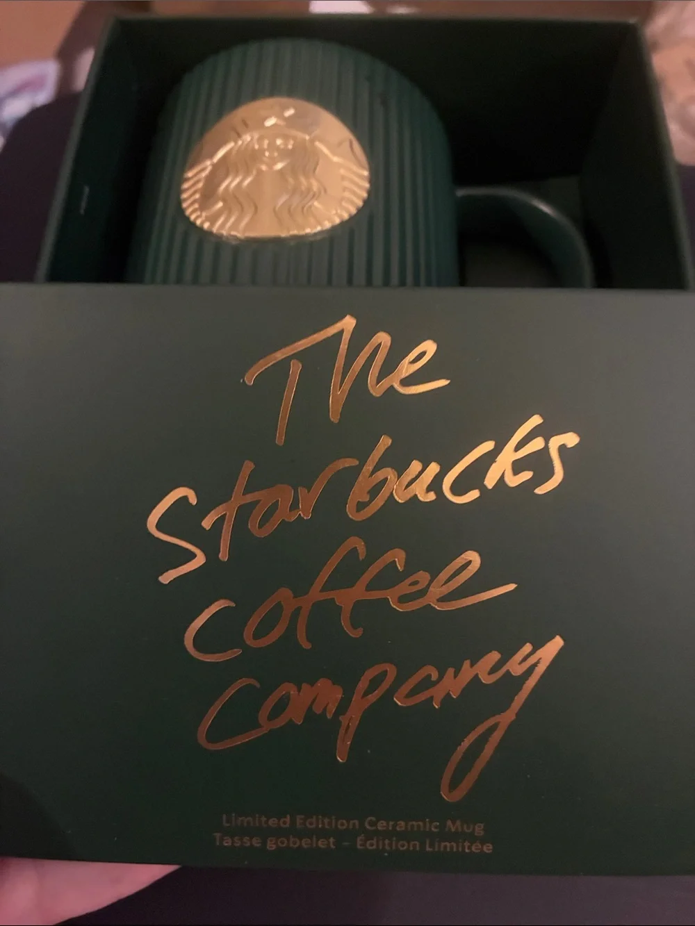 2025 Limited Edition Starbucks Dark Forest Green and Gold Pleated Coffee Mug